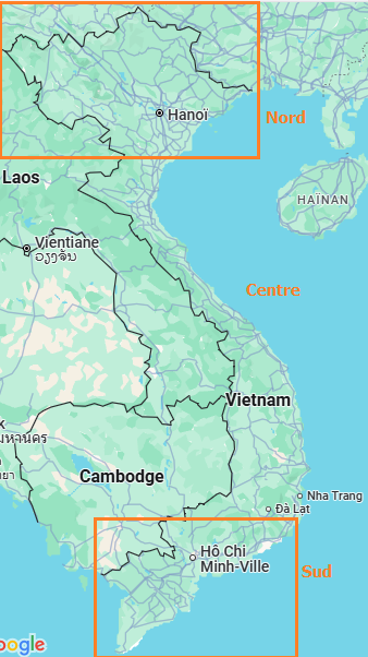 Carte des régions nord, centre et sud du Vietnam