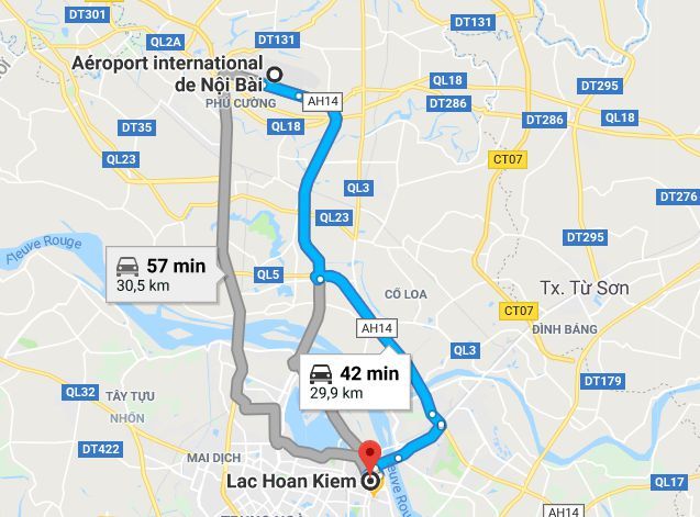 carte pour aller de l'aéroport de Nội Bài au lac de Hoan Kiem