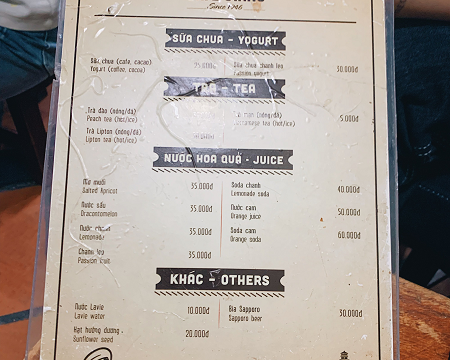 Menu du café Giang