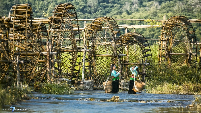 Les femmes Thai près des roues à eau