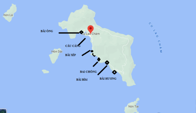 emplacement des plages et l'embarcadère sur l'île Cham