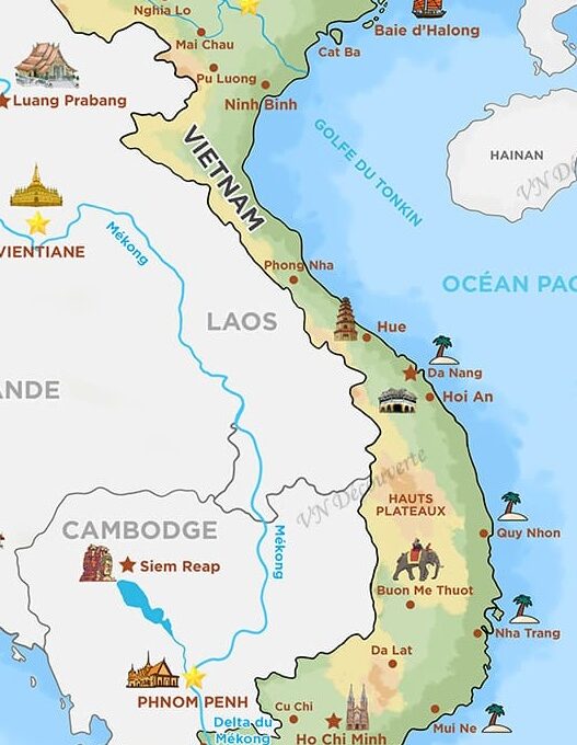 carte des destinations touristique du Vietnam
